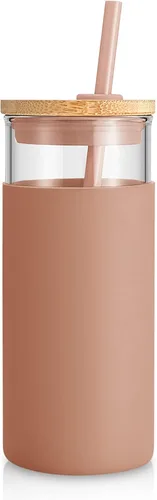 Vista 50 de Tronco Vaso de vidrio de 20 onzas con tapa y popote, taza de café helado y vaso para batido con tapas de bambú y funda protectora de silicona, apto