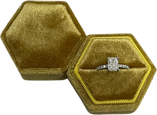 Vista 9 de Caja de anillo hexagonal de terciopelo, 1 ranura para compromiso y ceremonia de boda, exhibición plana y almacenamiento (azul claro)