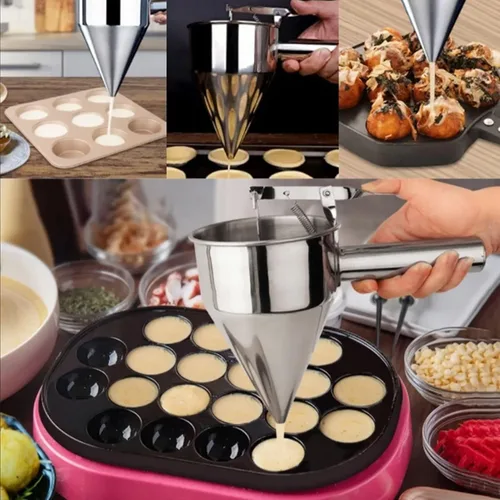 Vista 4 de Gavigain Dispensador de masa para panqueques, dispensador de pasteles de embudo de acero inoxidable con soporte para hornear herramientas
