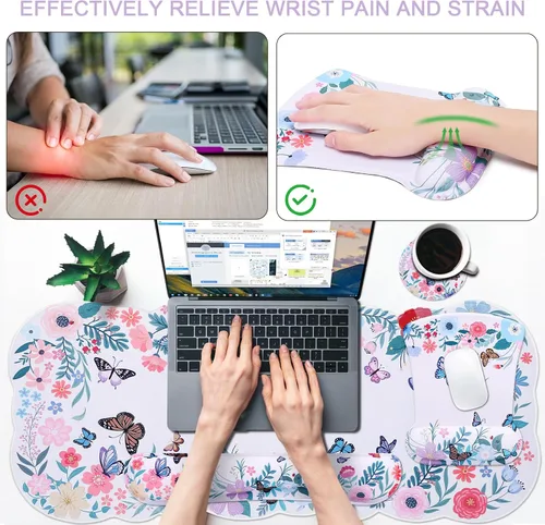 Vista 11 de MEGREZ Reposamuñecas para teclado, reposamuñecas para teclado de computadora, alfombrilla ergonómica para mouse y soporte de muñeca, bonita