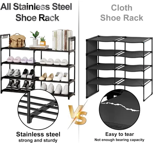Vista 4 de Estante para zapatos de 2 filas y 4 niveles, estante de zapatos apilable de metal negro con ganchos multifuncionales, capacidad para 16-20 pares
