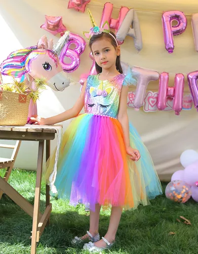 Vista 3 de Tutu Dreams 3 piezas de vestido de unicornio con diadema y alas de lentejuelas, disfraz de unicornio para cumpleaños, Halloween, fiesta, regalos