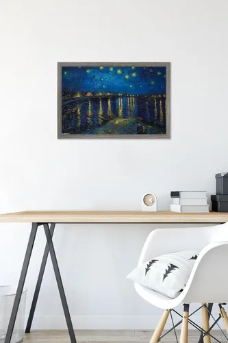 Vista 6 de Trends International Póster de pared de Vincent van Gogh, noche estrellada sobre el Ródano, 14.725 x 22.375 pulgadas, versión enmarcada de madera