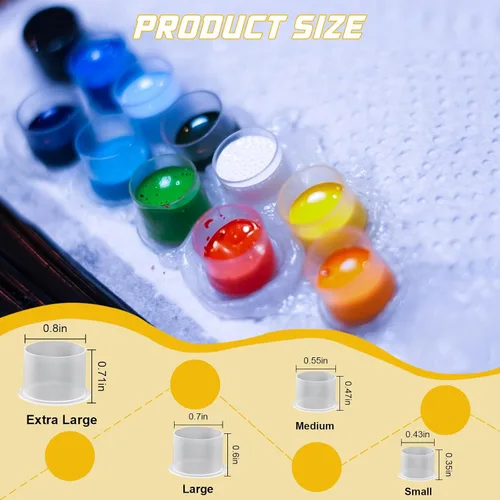 Vista 3 de 300 tapas de tinta para tatuaje, 300 tapas de tinta mezcladas, vasos desechables de tinta para tatuajes con base, 100 pequeños, 100 medios, 100