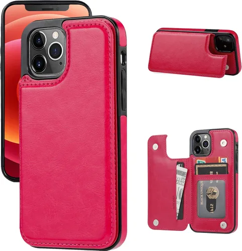 Vista 12 de Funda tipo cartera compatible con iPhone 12 Pro/12, funda protectora delgada con tarjetero, funda premium de cuero sintético con función atril