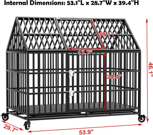 Vista 5 de Jaulas resistentes de 54 pulgadas para perros grandes, jaula indestructible a prueba de escapes con ruedas bloqueables, doble puerta de alta