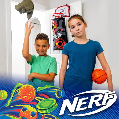 Vista 10 de NERF Cesta de aro de baloncesto – Cesta para ropa sucia sobre la puerta + objetivo de disparo – Mini canasta de aro + juego de baloncesto