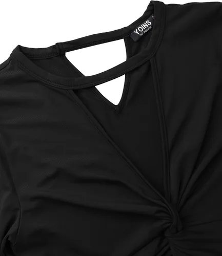 Vista 4 de YOINS Camisetas sexys de manga larga para mujer, camisas adelgazantes con ribete de encaje, blusas transparentes, camisetas lisas con corte túnica