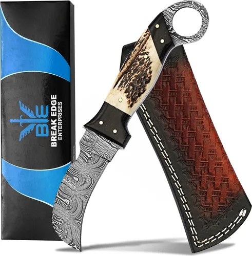 Vista 26 de Cuchillo de Hawkbill de Lineman hecho a mano de acero 1095 con funda de cuero, cuchillo de utilidad resistente para electricistas y pelado de cables