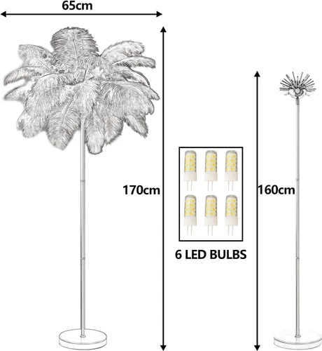 Vista 5 de Lámpara de pie de avestruz natural moderna para sala de estar, lámpara de pie LED con interruptor de pie, acabado dorado, elegante pantalla