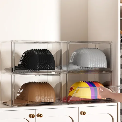 Vista 7 de Caja organizadora de sombreros, paquete de 2 unidades de almacenamiento para gorras de béisbol, contenedor porta sombreros apilable con tapas