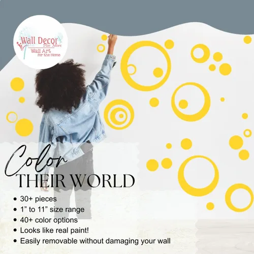 Vista 2 de Vinilo adhesivo amarillo para pared, diseño de círculos, burbujas, puntos 25+ PC