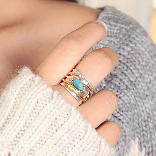 Vista 7 de Boho-Magic Anillo giratorio de plata de ley 925 con larimar para mujer con cobre y latón