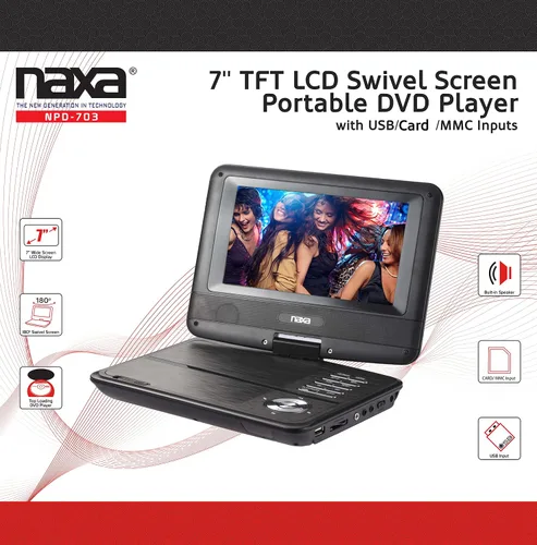 Vista 5 de NAXA Electronics NPD-703 7 pulgadas TFT LCD pantalla giratoria reproductor de DVD portátil - laca negra