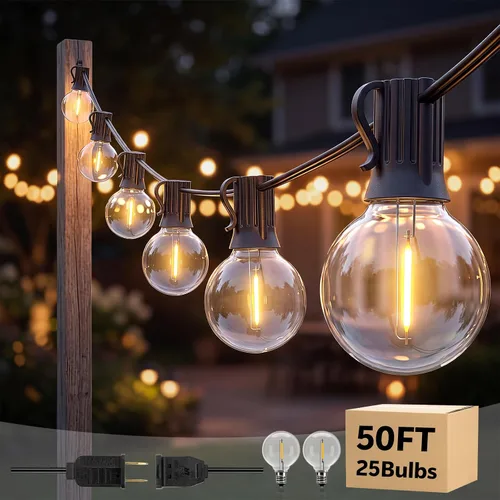 Vista 8 de Luces de cadena LED G40 para exteriores de 25 pies con 12+1 bombillas, enchufe E12, blanco cálido de 2700K, grado comercial, resistente a