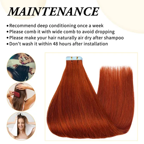 Vista 5 de Extensiones de cabello humano con cinta adhesiva de 16 pulgadas, color rojo cobre #350, trama invisible, color liso #350, 20 unidades, 16 pulgadas