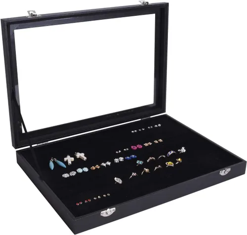 Vista 2 de AUTOARK Tapa transparente de terciopelo 7 ranuras joyería anillos pendientes caja escaparate organizador de exhibición, negro, AJ-084