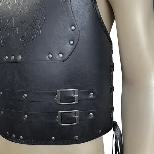 Vista 3 de HiiFeuer Viking Warrior - Armadura de pecho de piel sintética, armadura de cuero retro de caballero, armadura medieval para LARPCosplay