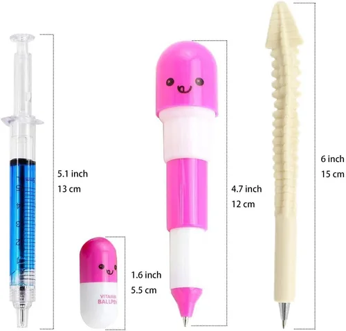 Vista 3 de 4 bolígrafos de jeringa + 6 bolígrafos de píldora + 10 bolígrafos con diseño de hueso, regalos de enfermera con temática médica y juego