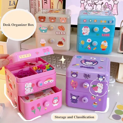 Vista 8 de Organizador de escritorio pequeño Kawaii con tapa y 2 cajones, lindo organizador de escritorio Kawaii con calcomanías de bricolaje para adolescentes