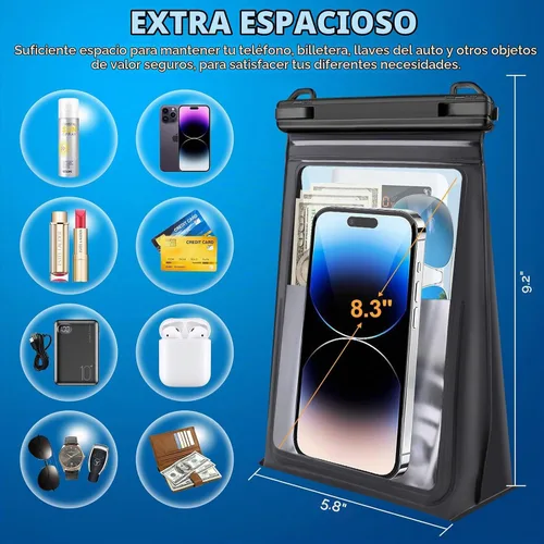 Vista 2 de Bolsa grande impermeable flotante para teléfono [con tira de sellado], bolsa seca para teléfono celular para iPhone 16 15 14 13 12 Pro Max Galaxy
