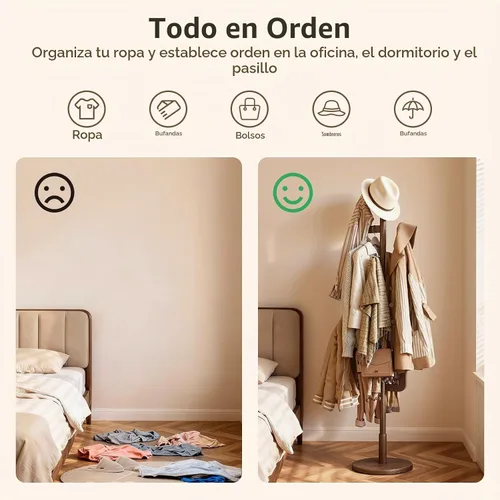 Vista 7 de Perchero independiente de cactus de madera maciza con 6 ganchos en forma de L y 3 tamaños ajustables, perchero para dormitorio, entrada, sala