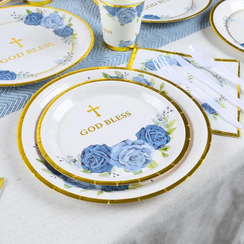 Vista 4 de Platos de fiesta religiosa para 24 invitados - bautismo, primera comunión, confirmación (azul)