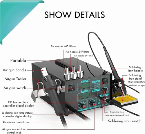 Vista 5 de 220V Hot Air Rework Soldering Iron Station Kit, Digital Display, Adjustable Temperature, 2-in-1 Heat Gun and Soldering Iron for Electronic DIY