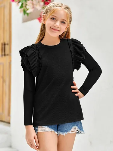 Vista 4 de rrhss Camisas de manga larga con volantes para niñas, con cuello redondo, de punto acanalado