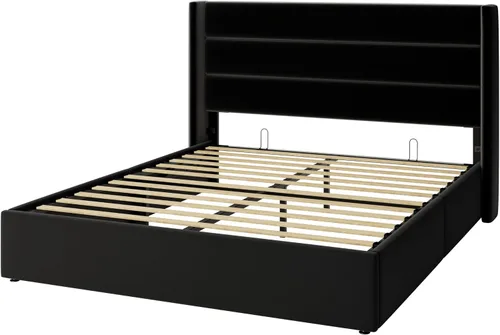 Vista 9 de SHA CERLIN Cama de Almacenamiento Elevable Tamaño Completo/Tapizada en Terciopelo/Cabecera Moderna Wingback/Marco de Cama Plataforma Negro