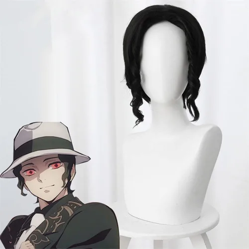 Vista 2 de Kibutsuji Muzan - Peluca de cosplay para anime de Halloween, peluca rizada negra con gorra de peluca gratis..
