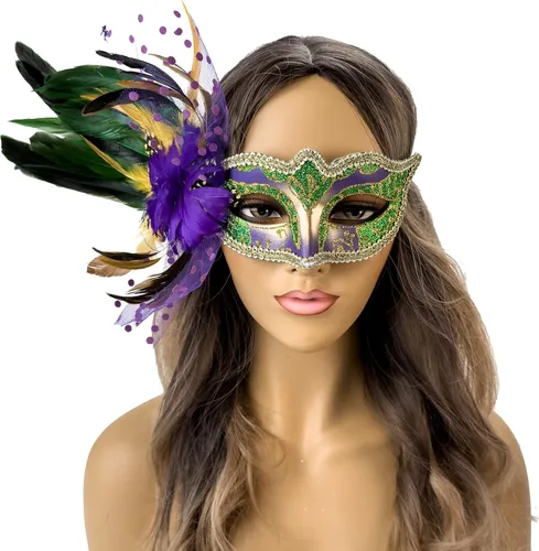 Vista 3 de Elegante máscara de plumas para mascarada, Mardi Gras, máscaras burlesque para mujer, disfraz de plumas, máscaras venecianas