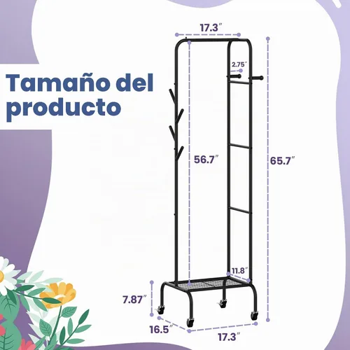 Vista 5 de Moderno perchero de bambú, independiente con 2 estantes, 5 ganchos, diseño giratorio, soporte resistente para entrada, sala de estar, 72 x 24 x 24