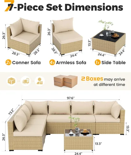 Vista 3 de UDPATIO Muebles de exterior 7 piezas de mimbre para patio, cojín Beige