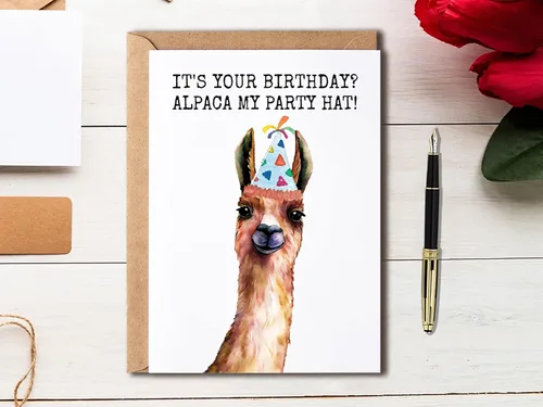 Vista 4 de OystersPearl It's Your Birthday Alpaca My Party Hat - Tarjeta de cumpleaños - Tarjeta de alpaca - Tarjeta de felicitación - Tarjeta divertida