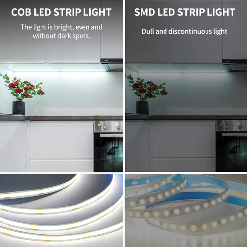 Vista 4 de Tira de luces LED COB de 32.8 pies, CC 24 V, regulable, 6000 K, luz de cinta LED flexible blanca para dormitorio, con control remoto y aplicación