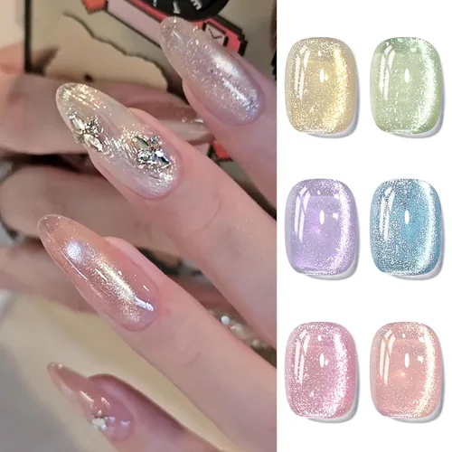 Vista 21 de Born Pretty Esmalte de uñas de gel magnético de ojos de gato verde, 6 colores brillantes con purpurina de cristal holográfico, salvia, oliva