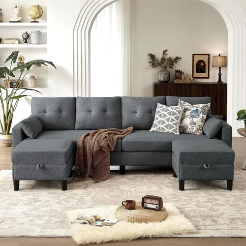 Vista 17 de Sofá en forma de U de 102.3 pulgadas con 2 otomanas móviles y 1 mesa auxiliar, se convierte en sofá cama, incluye 2 almohadas para reposabrazos