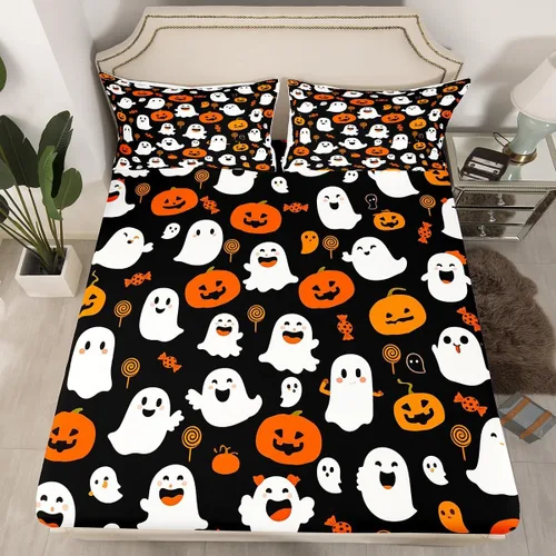 Vista 24 de Juego de sábanas bajeras con bonito diseño de gato negro para niños y niñas, diseño de dibujos animados de Halloween, gato, animales, sábanas