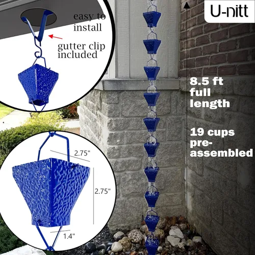 Vista 3 de U-nitt Cadena de lluvia colección de agua para canalones, atrapador de agua de lluvia y desviador, cadenas de 8.5 pies para jardín exterior, copas