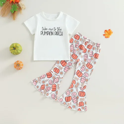 Vista 6 de Conjunto de ropa bonita de Halloween para niñas pequeñas, camiseta con parche de calabaza y pantalones acampanados, para niñas pequeñas