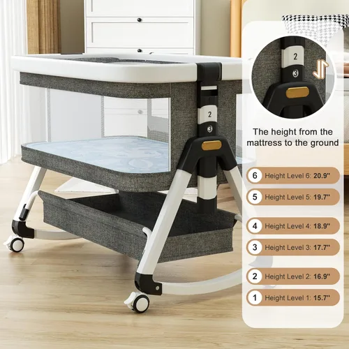 Vista 7 de Moisés de bebé 3 en 1, moisés de noche para bebé, moisés portátil con mosquitera y cesta de almacenamiento, moisés mecedora ajustable de 6 alturas