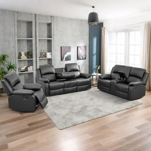 Vista 20 de Sofá reclinable manual de cuero para muebles de sala de estar, sofá reclinable de 78 pulgadas con mesa abatible, portavasos y sofá de cuero