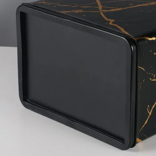 Vista 4 de Basurero pequeño de oficina para dormitorio, papelera rectangular delgada para baño, cocina, 2.6 galones (mármol negro dorado)