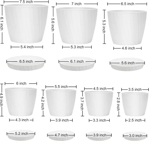 Vista 5 de YNNICO 7 piezas Macetas con Orificios de Drenaje y Platillos, Maceteros de Interior, Juego de 7 (7.5, 7, 6.5, 6, 5.5, 4.5, 3.5 Pulgadas), Blanco