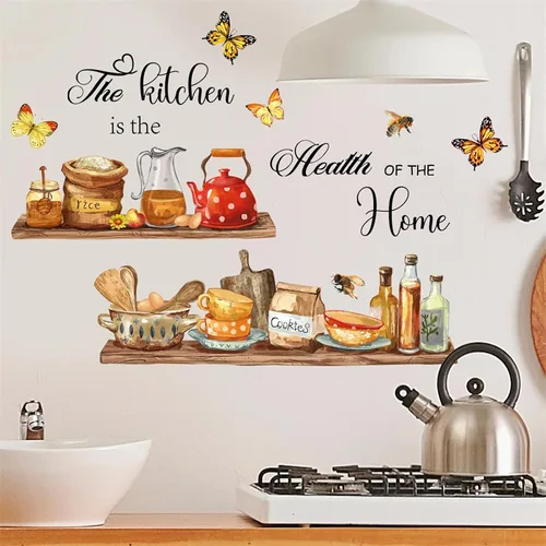 Vista 3 de Adhesivos de pared para estante de utensilios de cocina, sacinora The Kitchen is the Heart of Home, calcomanía de pared de abeja de mariposa, vinilo