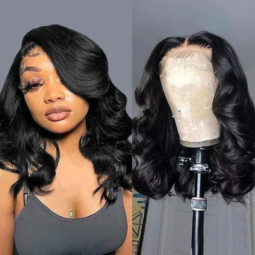 Vista 8 de Peluca de cabello humano estilo Bob para mujeres negras, 4x4, sin pegamento, encaje frontal, pelucas de cabello humano prearrancadas cortas