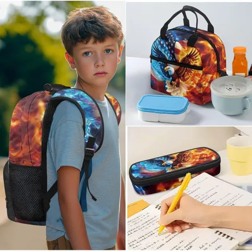 Vista 6 de Bulopur Eagle American Flag Print Kids Backpack Boys Elementary School 17 Inch Bookbag With Lunch Bag Water Bottle Holder Keychain Pencil Case 5