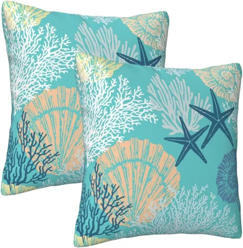 Vista 2 de Fundas de almohada de playa costera 18x18, juego de 2, fundas de almohada decorativas con diseño de estrella de mar y caballito de mar