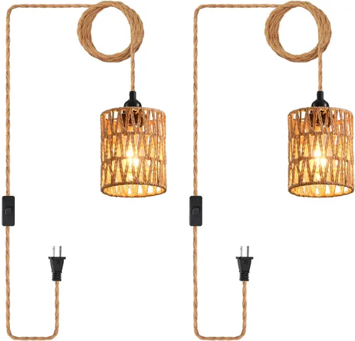 Vista 14 de Lámpara colgante industrial con cable enchufable, interruptor de encendido/apagado de cuerda de cáñamo, lámpara colgante de granja para comedor